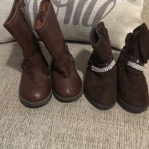 2pairs of boots for toddlers a brown pair size 5 a suede with jewels size 6